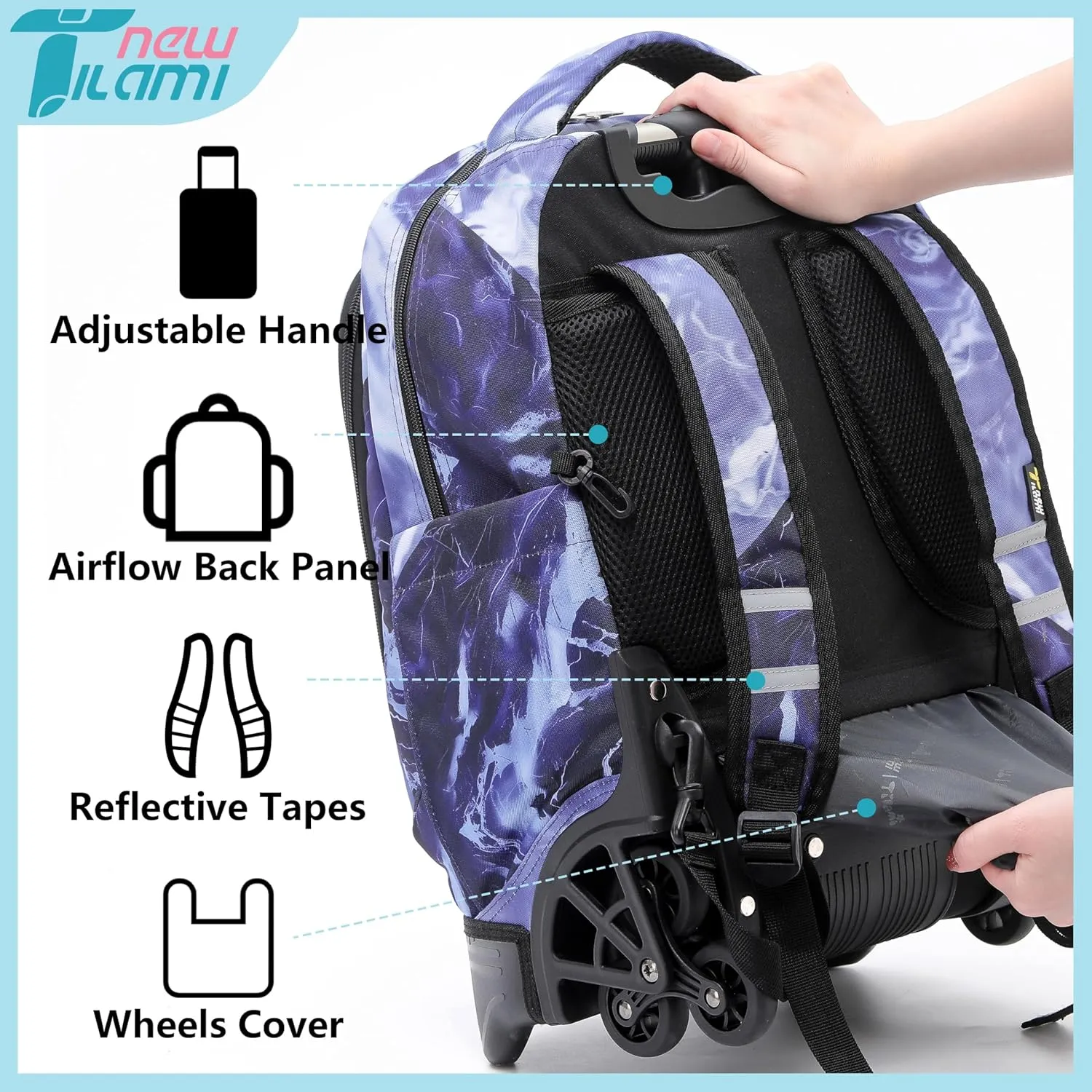 NEW TILAMI 18 Inch Rolling Backpack for kids Adjustable Strap Laptop Backpack Suitcase with Wheels for Girls Boys to School Travel Camping Rolling Backpack, Lightning Purple