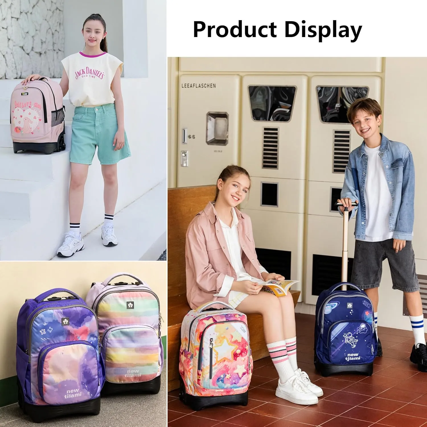 NEW TILAMI 18 Inch Rolling Backpack for kids Adjustable Strap Laptop Backpack Suitcase with Wheels for Girls Boys to School Travel Camping Rolling Backpack, Lightning Purple