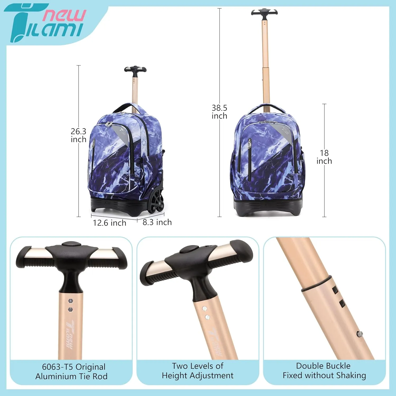 NEW TILAMI 18 Inch Rolling Backpack for kids Adjustable Strap Laptop Backpack Suitcase with Wheels for Girls Boys to School Travel Camping Rolling Backpack, Lightning Purple