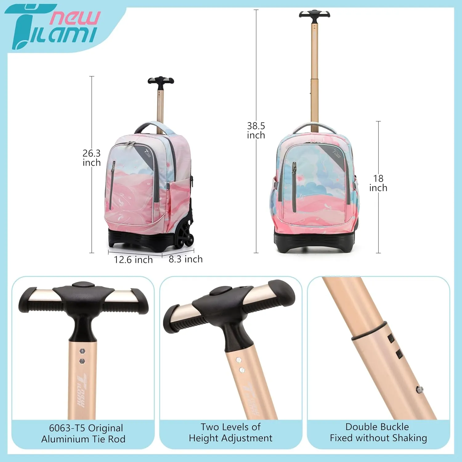 NEW TILAMI 18 Inch Rolling Backpack for kids Adjustable Strap Laptop Backpack Suitcase with Wheels for Girls Boys to School Travel Camping Rolling Backpack, Pink Sunset