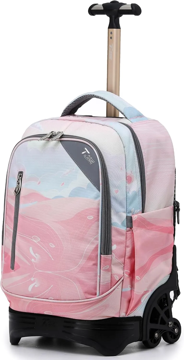 NEW TILAMI 18 Inch Rolling Backpack for kids Adjustable Strap Laptop Backpack Suitcase with Wheels for Girls Boys to School Travel Camping Rolling Backpack, Pink Sunset