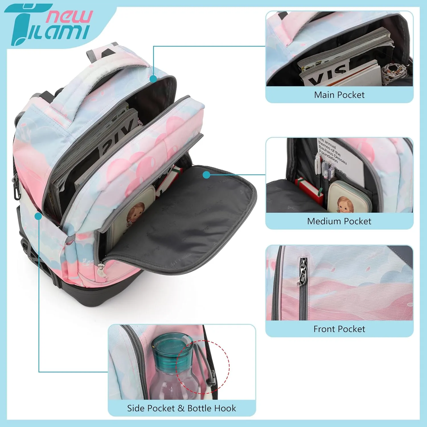 NEW TILAMI 18 Inch Rolling Backpack for kids Adjustable Strap Laptop Backpack Suitcase with Wheels for Girls Boys to School Travel Camping Rolling Backpack, Pink Sunset