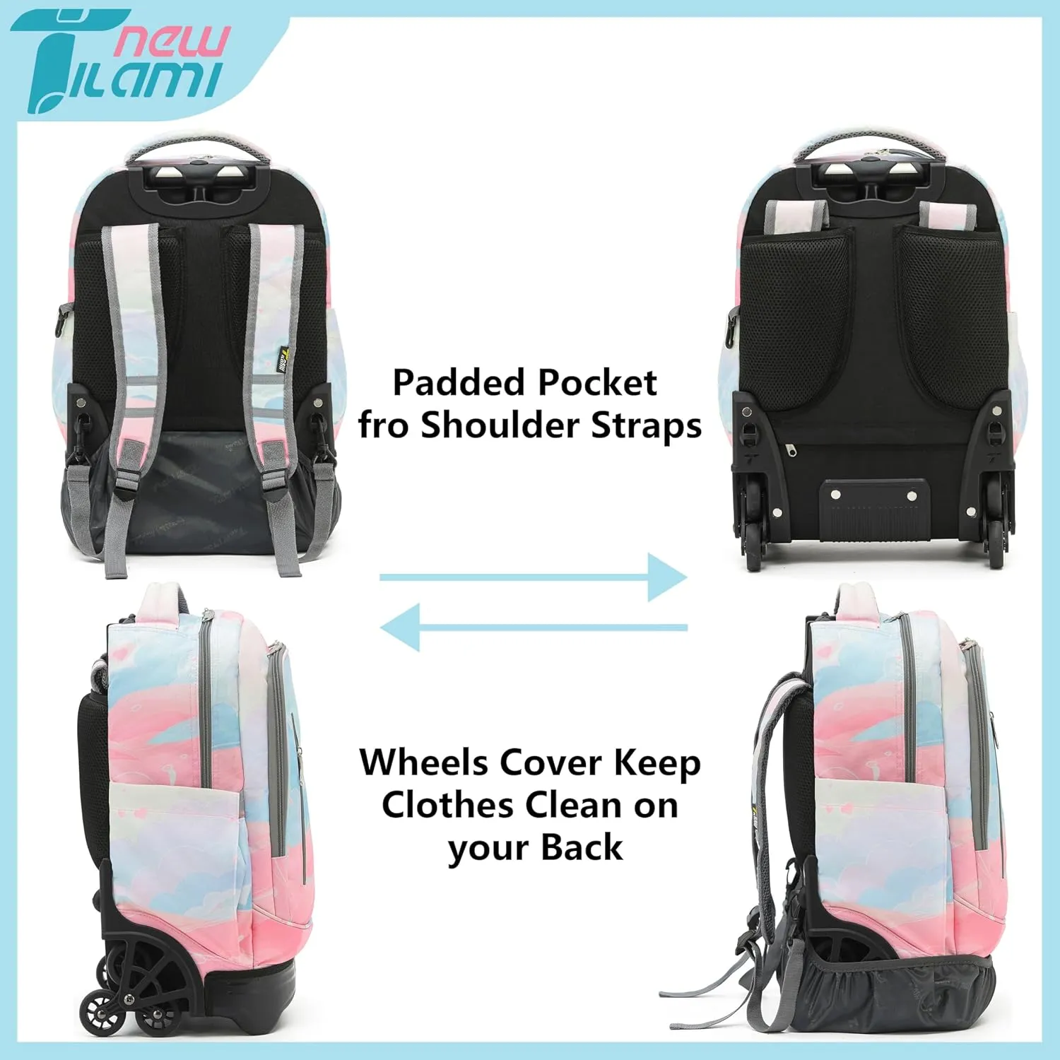 NEW TILAMI 18 Inch Rolling Backpack for kids Adjustable Strap Laptop Backpack Suitcase with Wheels for Girls Boys to School Travel Camping Rolling Backpack, Pink Sunset