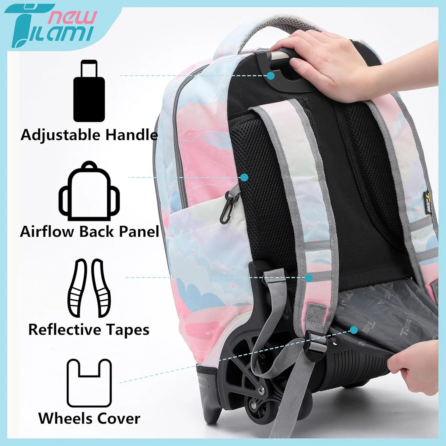 NEW TILAMI 18 Inch Rolling Backpack for kids Adjustable Strap Laptop Backpack Suitcase with Wheels for Girls Boys to School Travel Camping Rolling Backpack, Pink Sunset