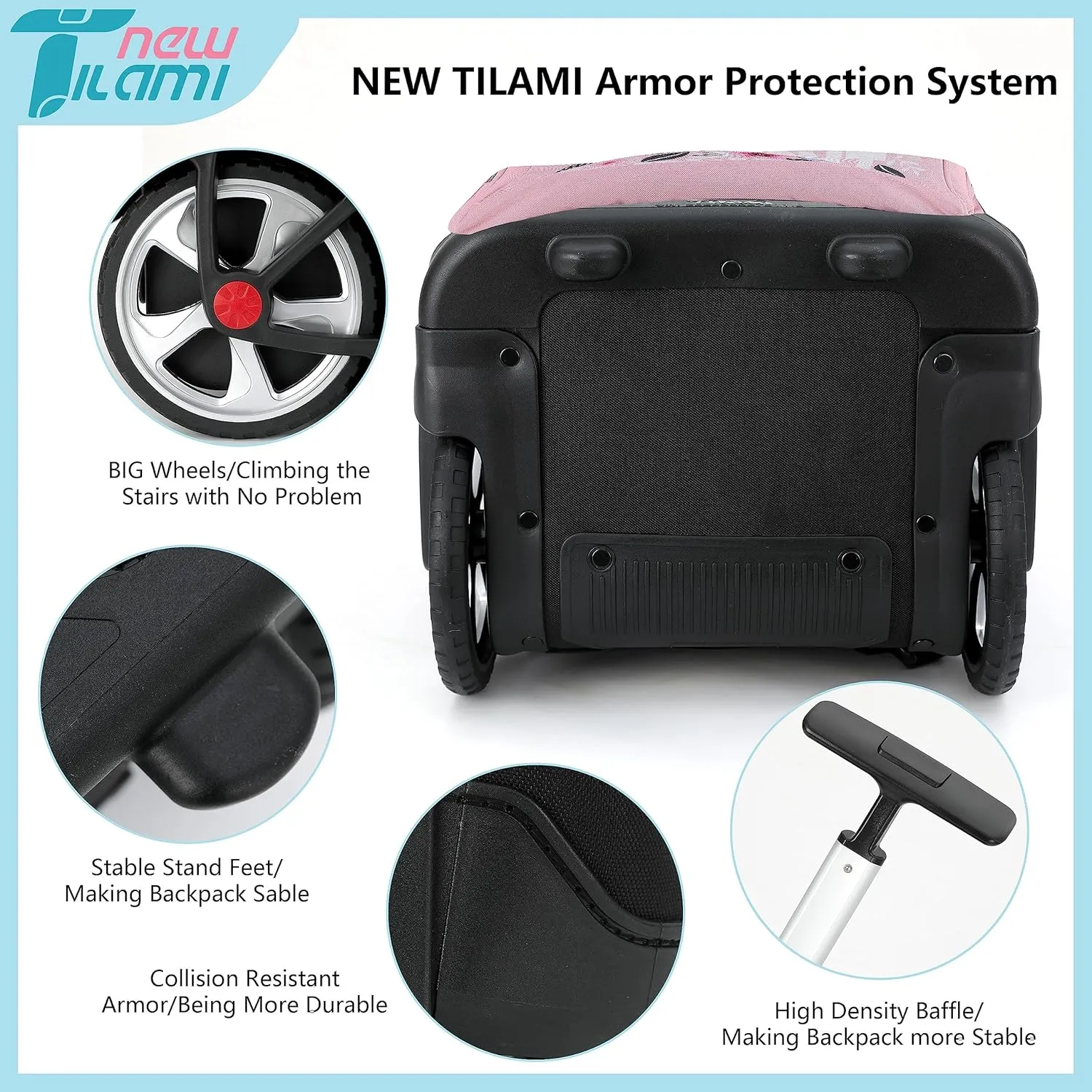 NEW TILAMI Rolling Backpack 19 inch with Lunch Bag Teens Cute Wheeled Computer Laptop Backpack Bookbag Roller Travel Bag College, Flower Pink