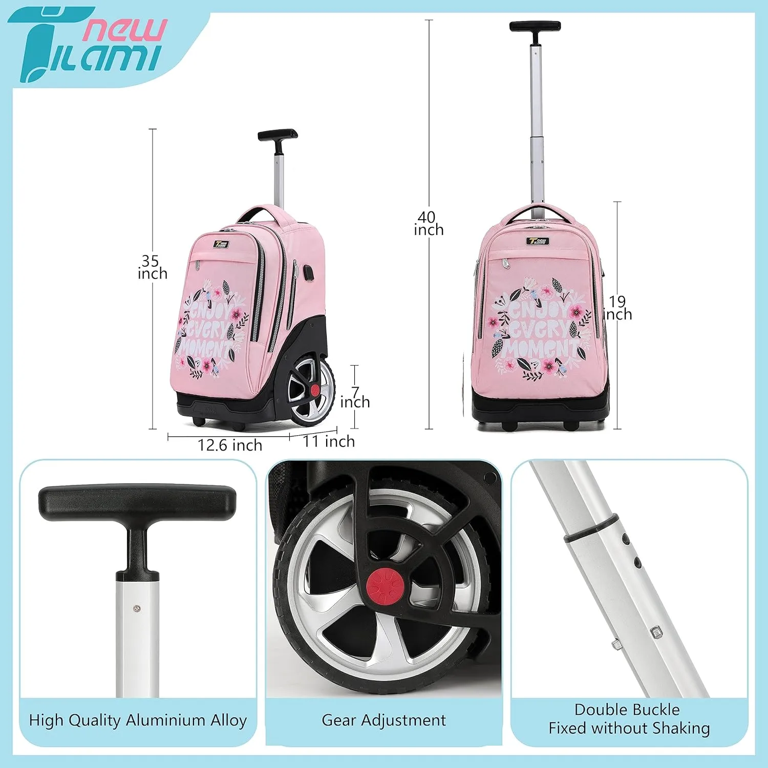 NEW TILAMI Rolling Backpack 19 inch with Lunch Bag Teens Cute Wheeled Computer Laptop Backpack Bookbag Roller Travel Bag College, Flower Pink