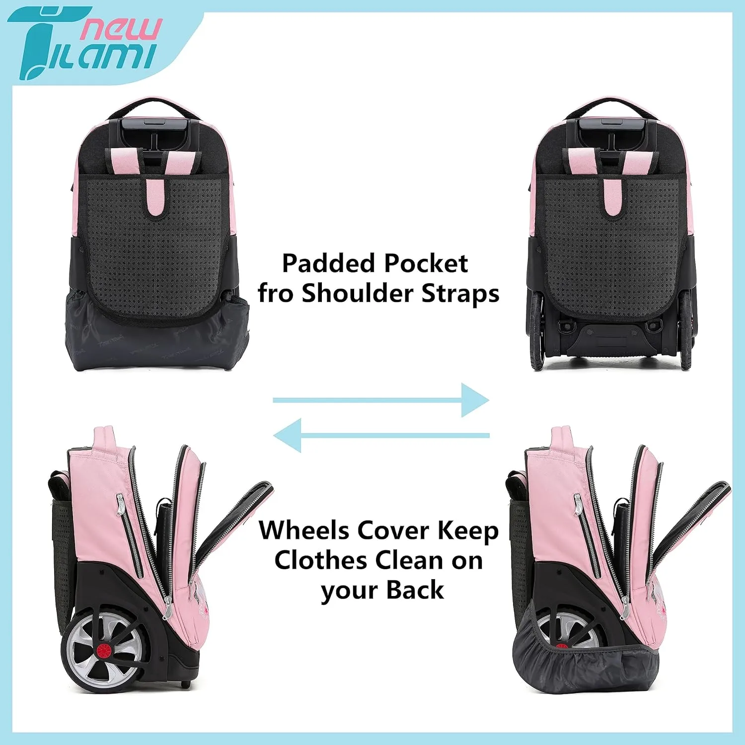 NEW TILAMI Rolling Backpack 19 inch with Lunch Bag Teens Cute Wheeled Computer Laptop Backpack Bookbag Roller Travel Bag College, Flower Pink