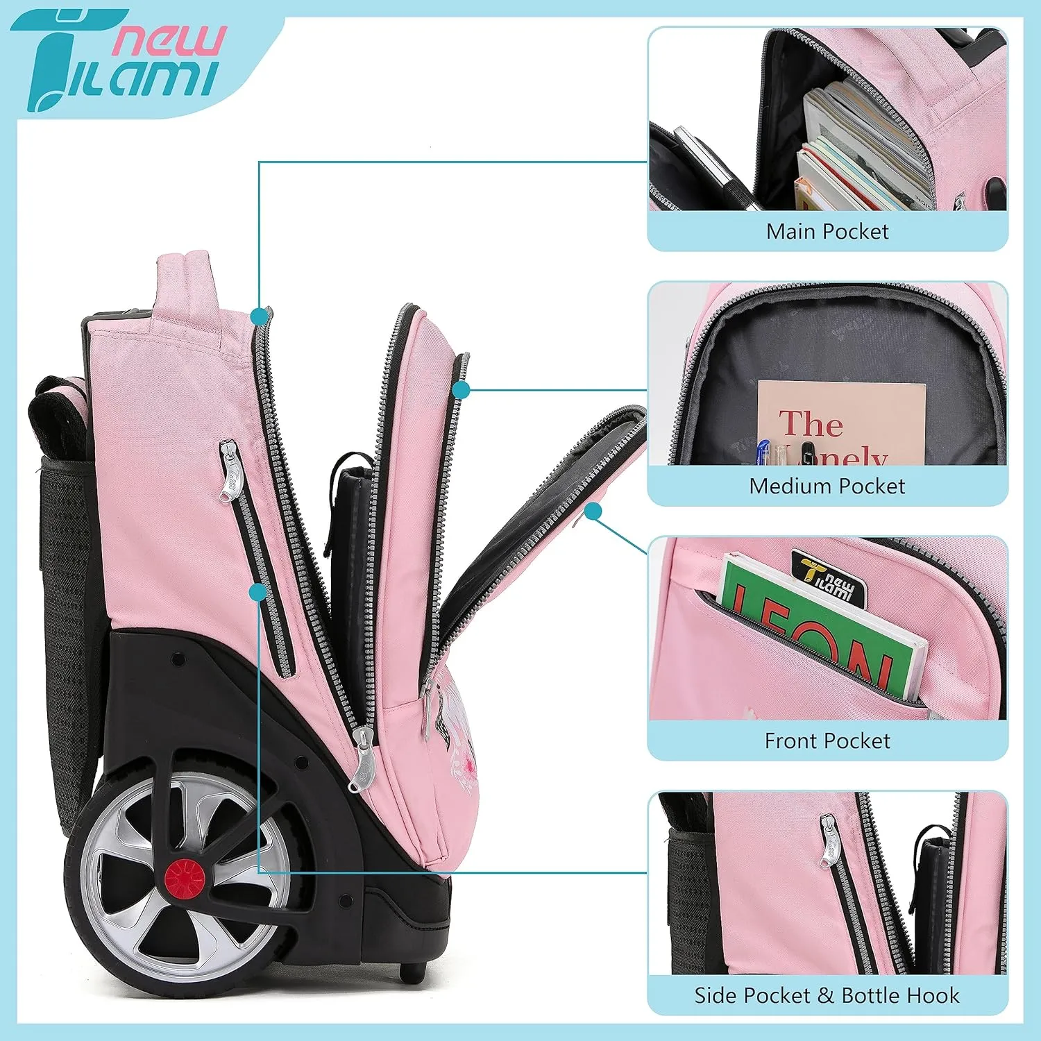 NEW TILAMI Rolling Backpack 19 inch with Lunch Bag Teens Cute Wheeled Computer Laptop Backpack Bookbag Roller Travel Bag College, Flower Pink
