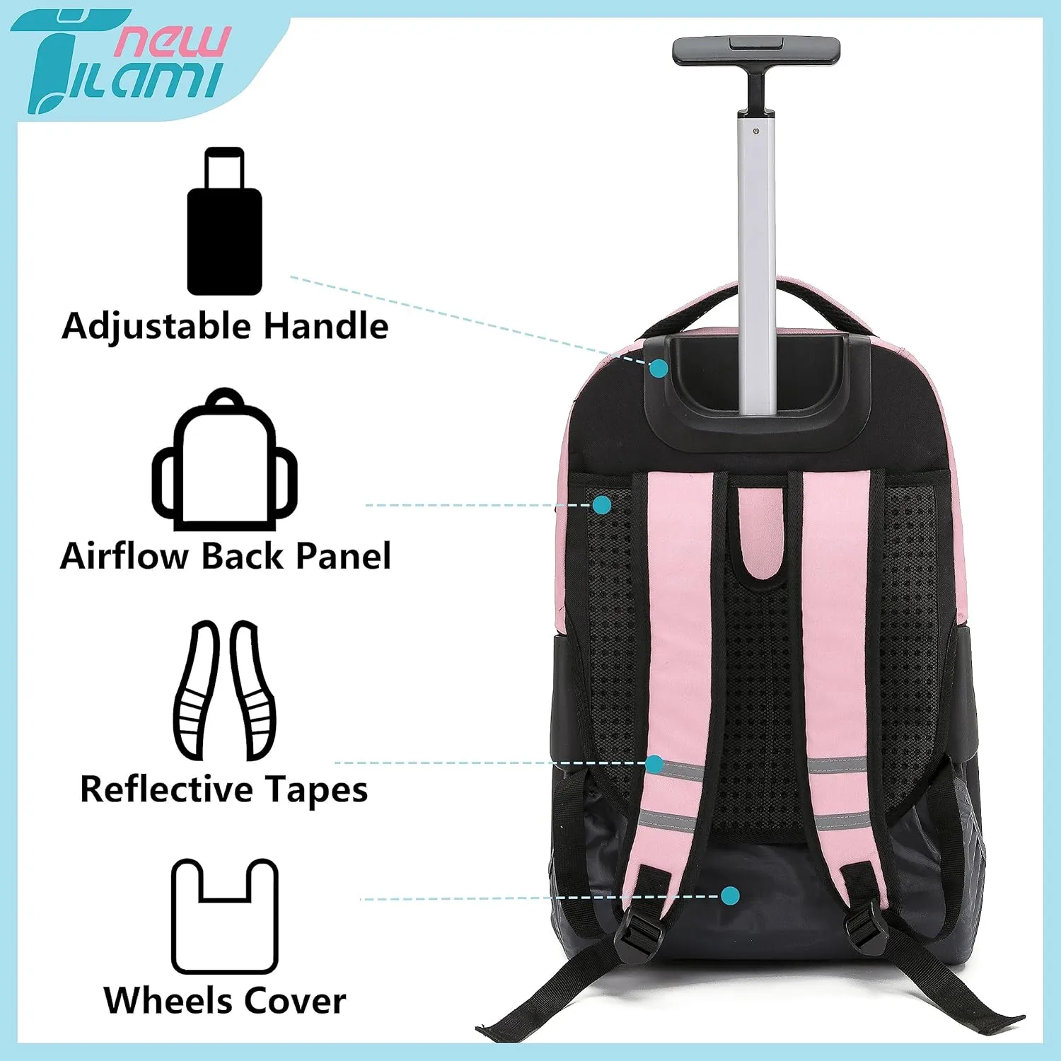 NEW TILAMI Rolling Backpack 19 inch with Lunch Bag Teens Cute Wheeled Computer Laptop Backpack Bookbag Roller Travel Bag College, Flower Pink