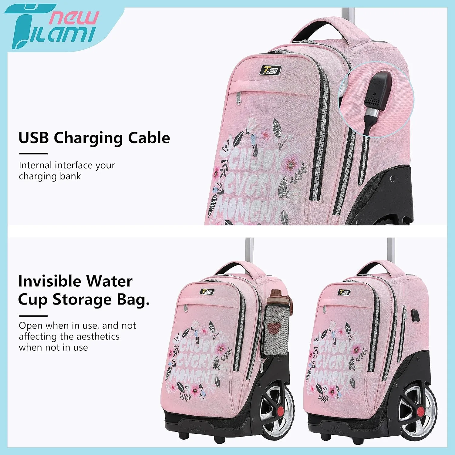 NEW TILAMI Rolling Backpack 19 inch with Lunch Bag Teens Cute Wheeled Computer Laptop Backpack Bookbag Roller Travel Bag College, Flower Pink