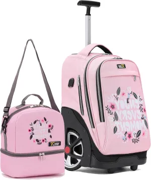 NEW TILAMI Rolling Backpack 19 inch with Lunch Bag Teens Cute Wheeled Computer Laptop Backpack Bookbag Roller Travel Bag College, Flower Pink