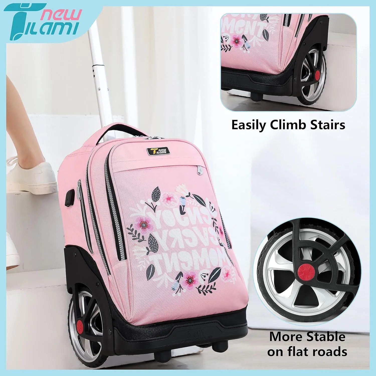 NEW TILAMI Rolling Backpack 19 inch with Lunch Bag Teens Cute Wheeled Computer Laptop Backpack Bookbag Roller Travel Bag College, Flower Pink
