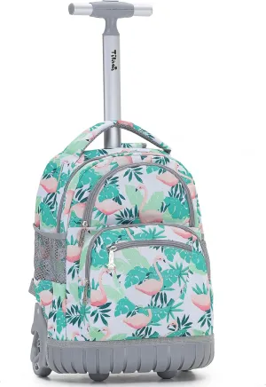 NEW TILAMI Rolling Backpack for Kids, 16 Inch Wheeled Laptop Backpack for Boys Girls School Travel Trip Bag, Flamingo