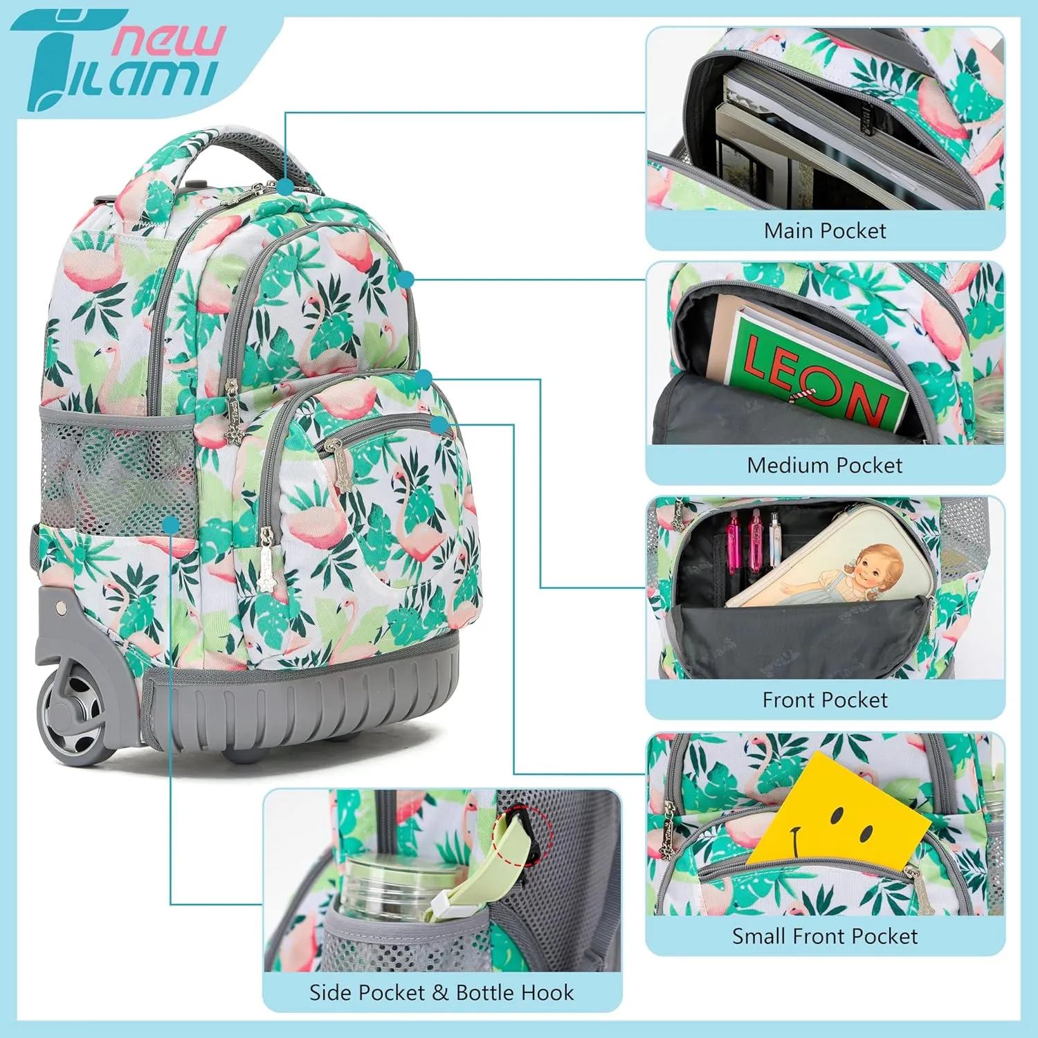 NEW TILAMI Rolling Backpack for Kids, 16 Inch Wheeled Laptop Backpack for Boys Girls School Travel Trip Bag, Flamingo