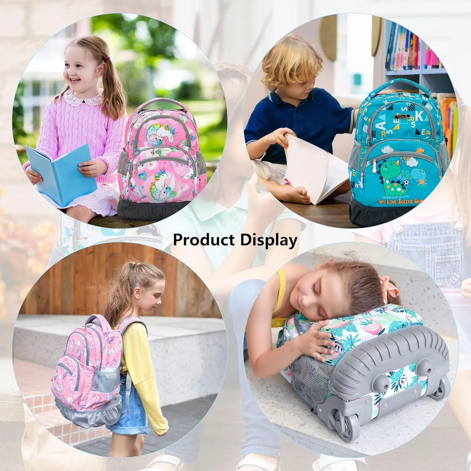 NEW TILAMI Rolling Backpack for Kids, 16 Inch Wheeled Laptop Backpack for Boys Girls School Travel Trip Bag, Flamingo