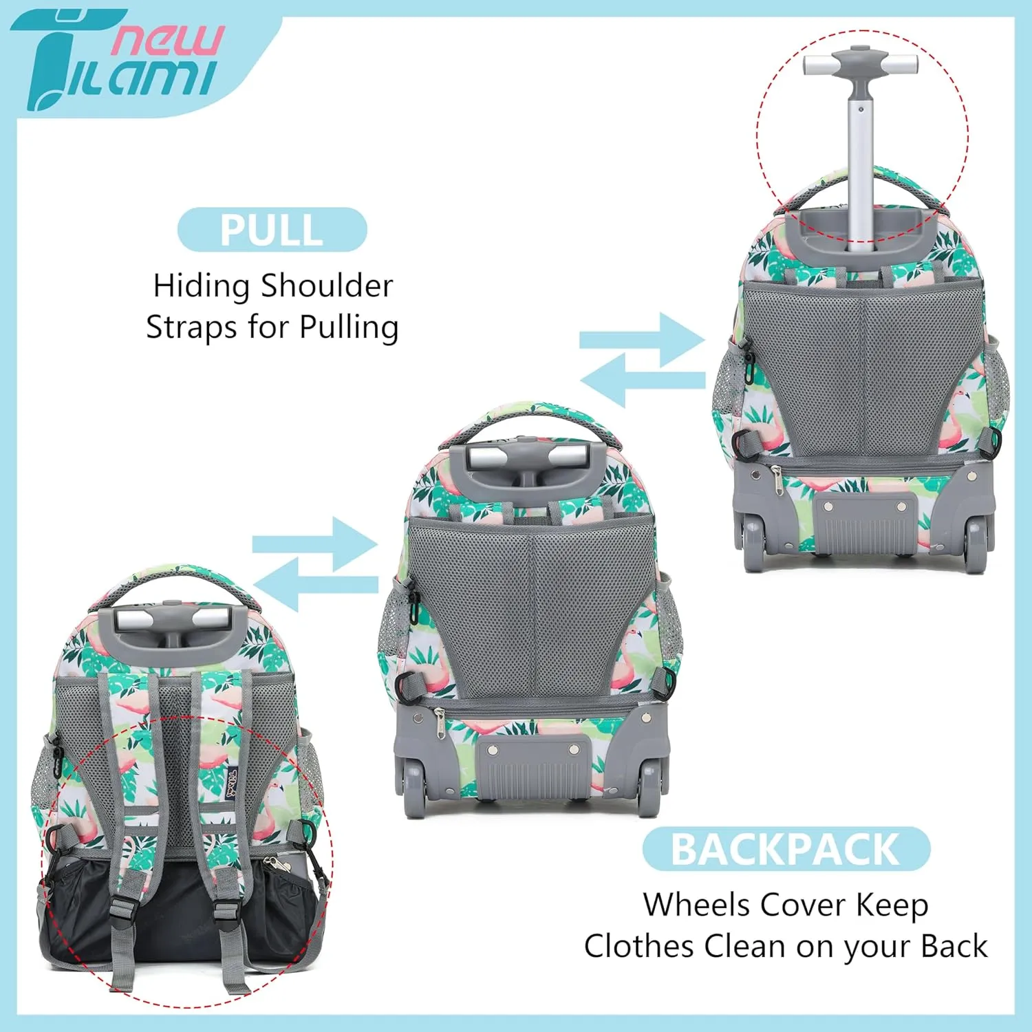 NEW TILAMI Rolling Backpack for Kids, 16 Inch Wheeled Laptop Backpack for Boys Girls School Travel Trip Bag, Flamingo