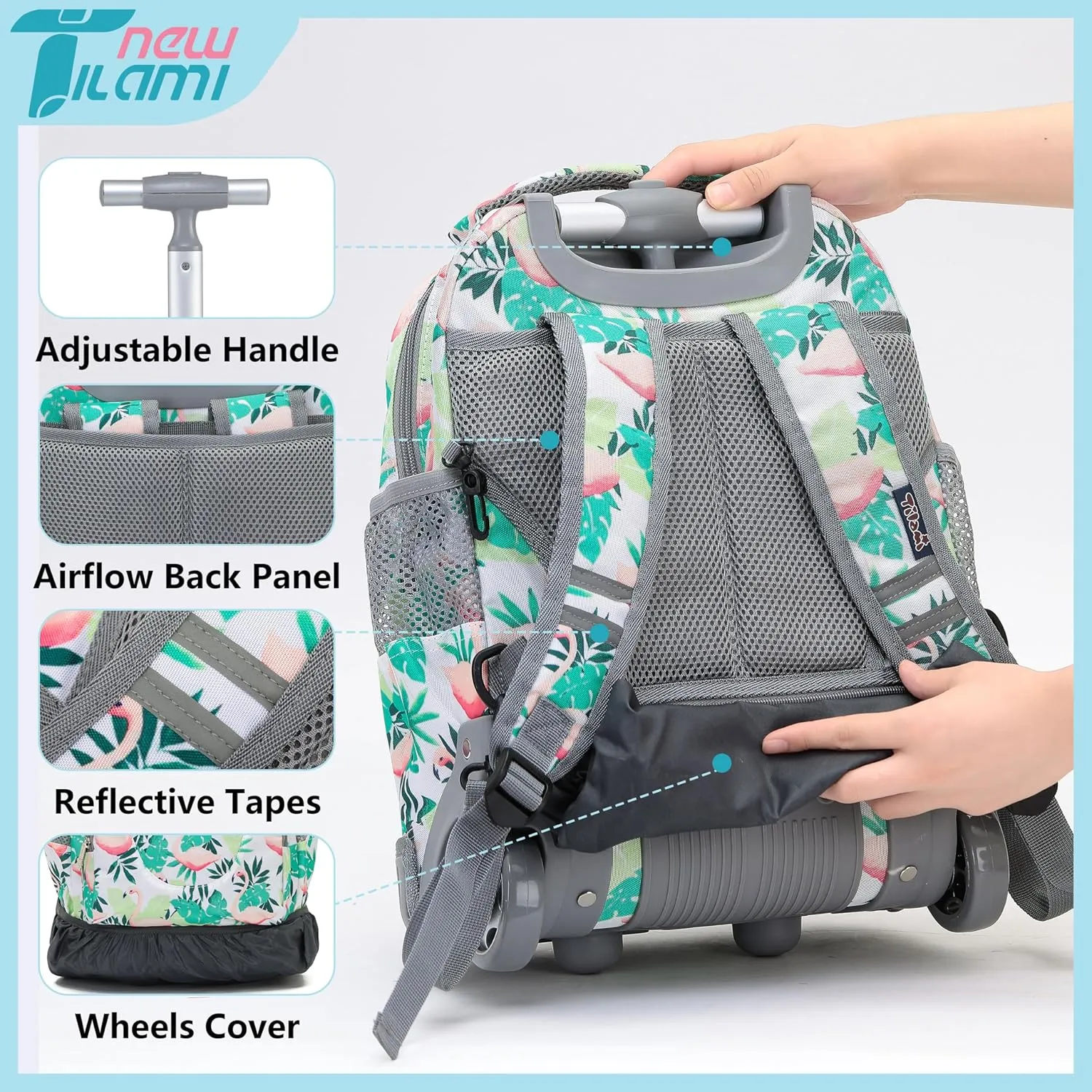 NEW TILAMI Rolling Backpack for Kids, 16 Inch Wheeled Laptop Backpack for Boys Girls School Travel Trip Bag, Flamingo