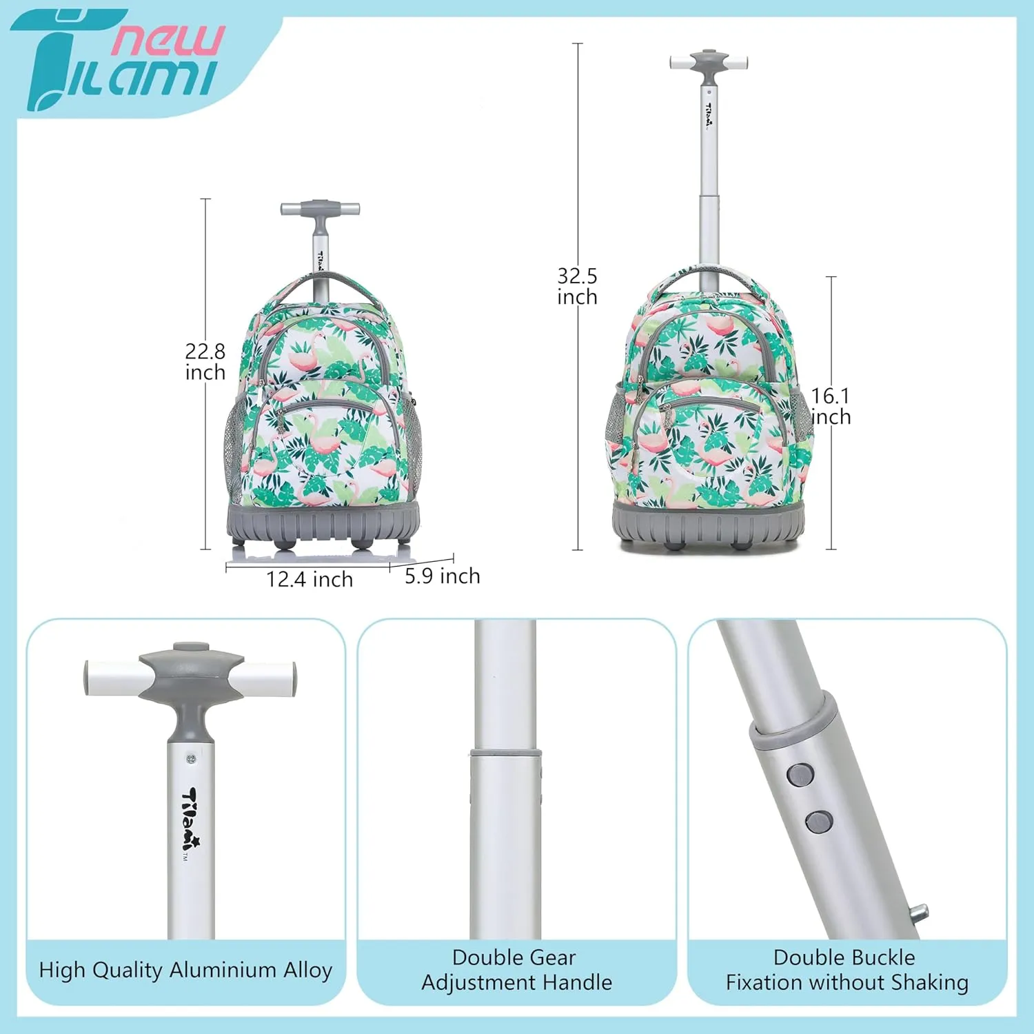 NEW TILAMI Rolling Backpack for Kids, 16 Inch Wheeled Laptop Backpack for Boys Girls School Travel Trip Bag, Flamingo