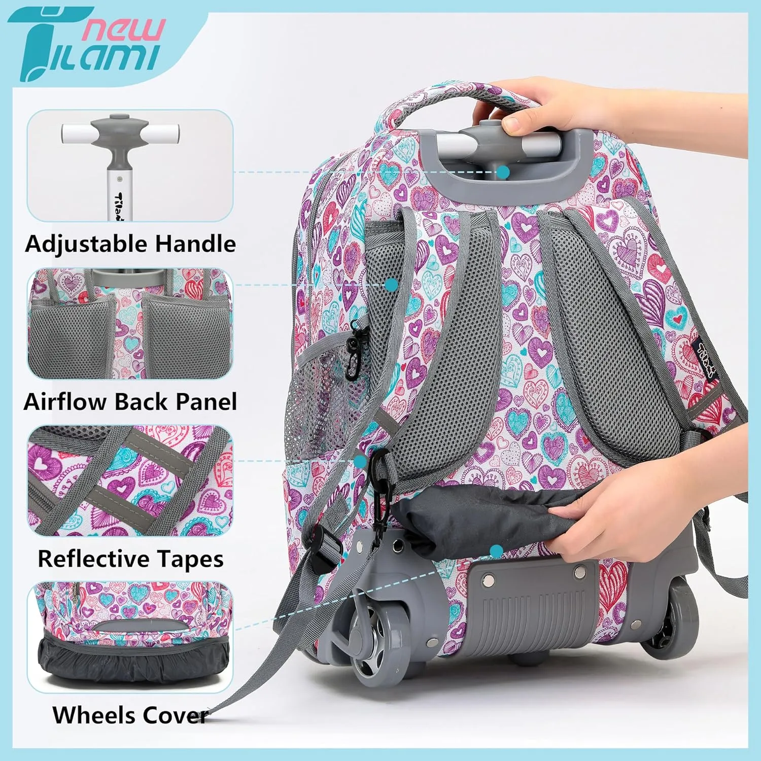 NEW TILAMI Rolling Backpack for Kids 18 Inch Wheeled Laptop Backpack Kids School Travel