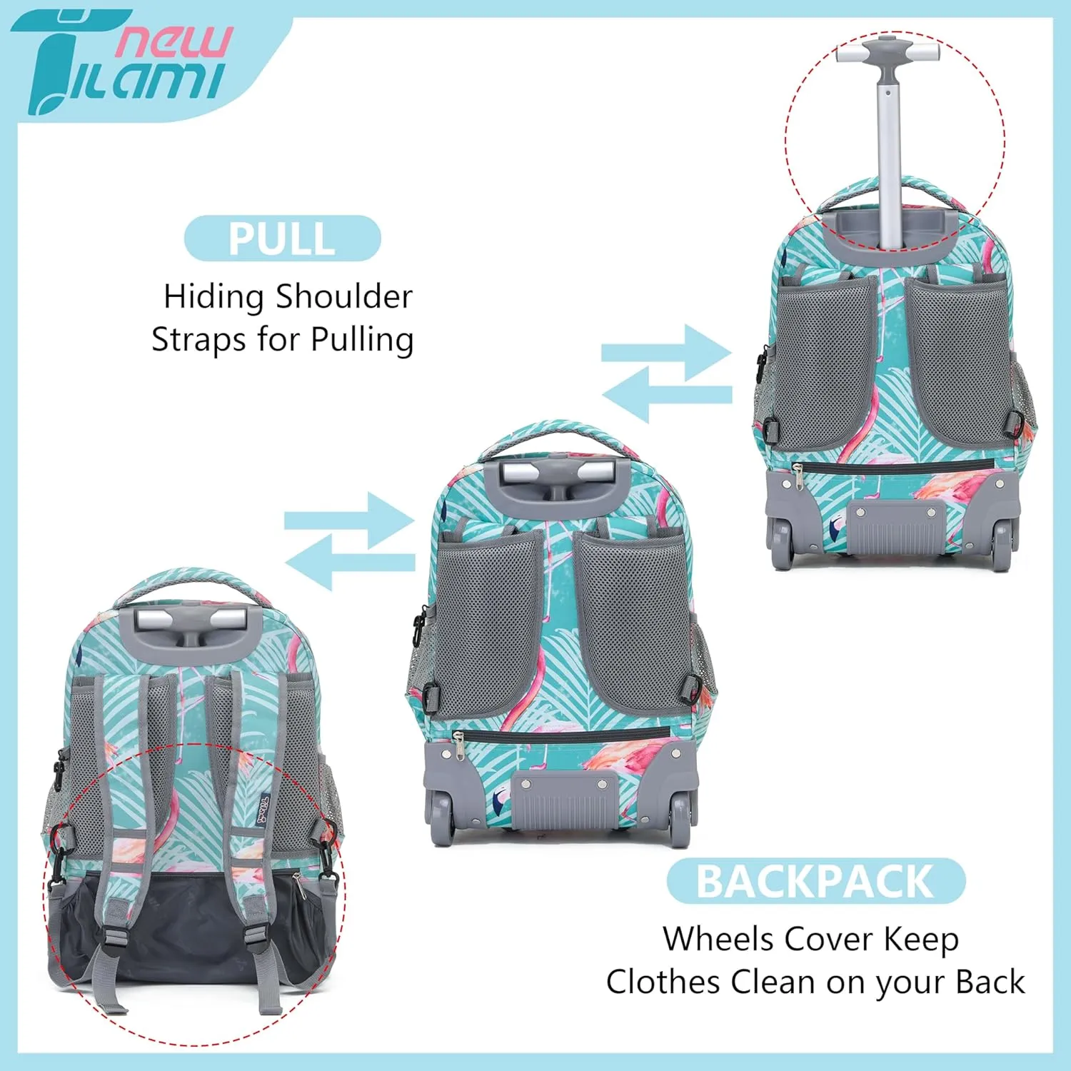 NEW TILAMI Rolling Backpack for Kids 18 Inch Wheeled Laptop Backpack Kids School Travel