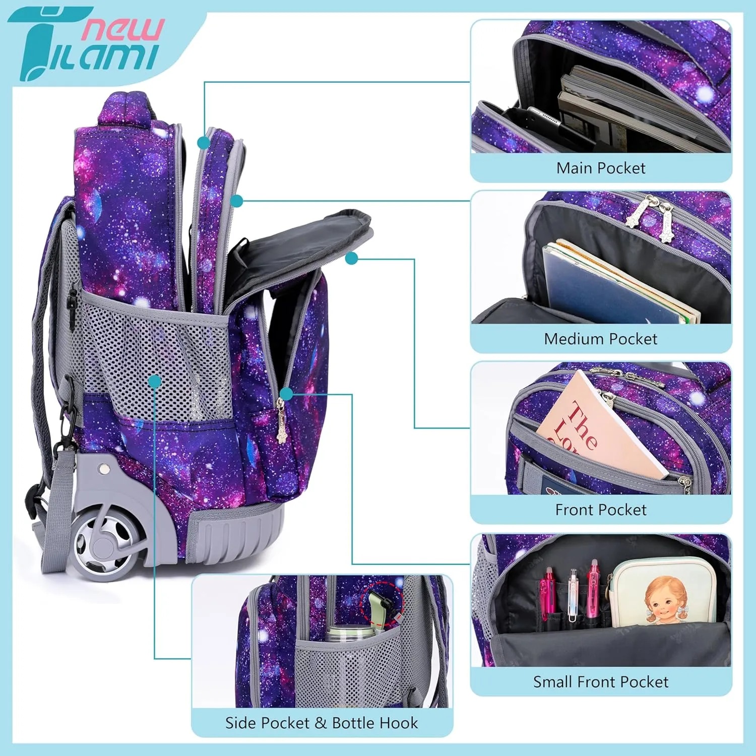 NEW TILAMI Rolling Backpack for Kids 18 Inch Wheeled Laptop Backpack Kids School Travel