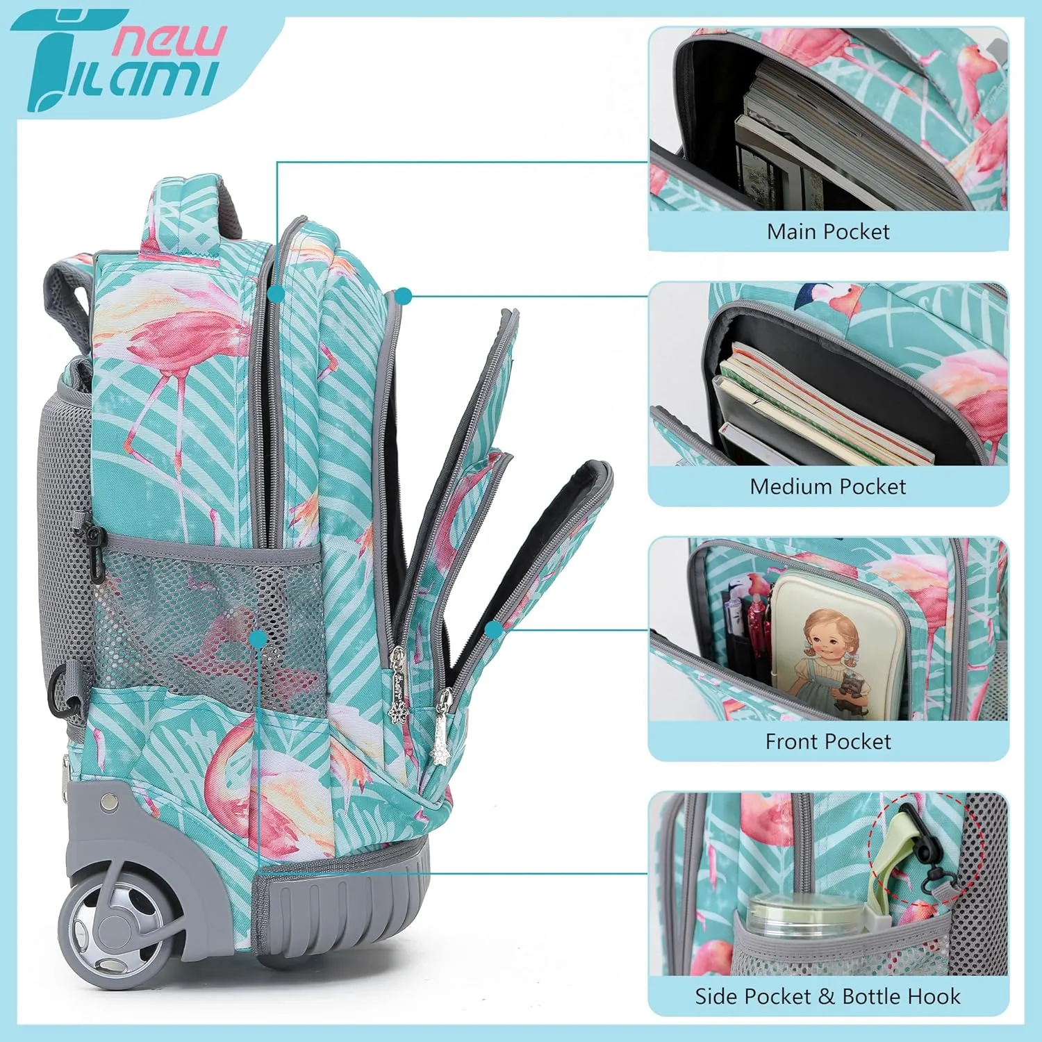 NEW TILAMI Rolling Backpack for Kids 18 Inch Wheeled Laptop Backpack Kids School Travel