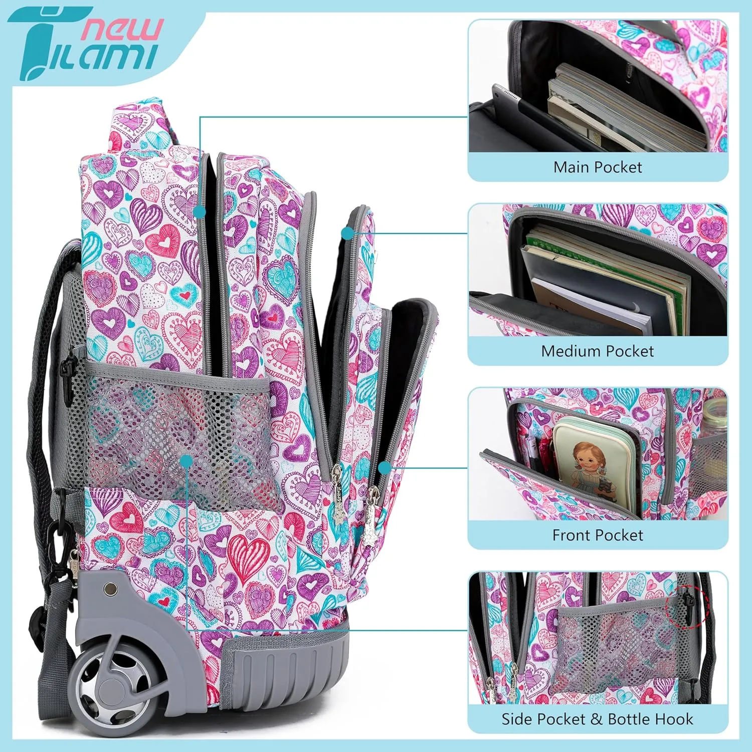 NEW TILAMI Rolling Backpack for Kids 18 Inch Wheeled Laptop Backpack Kids School Travel