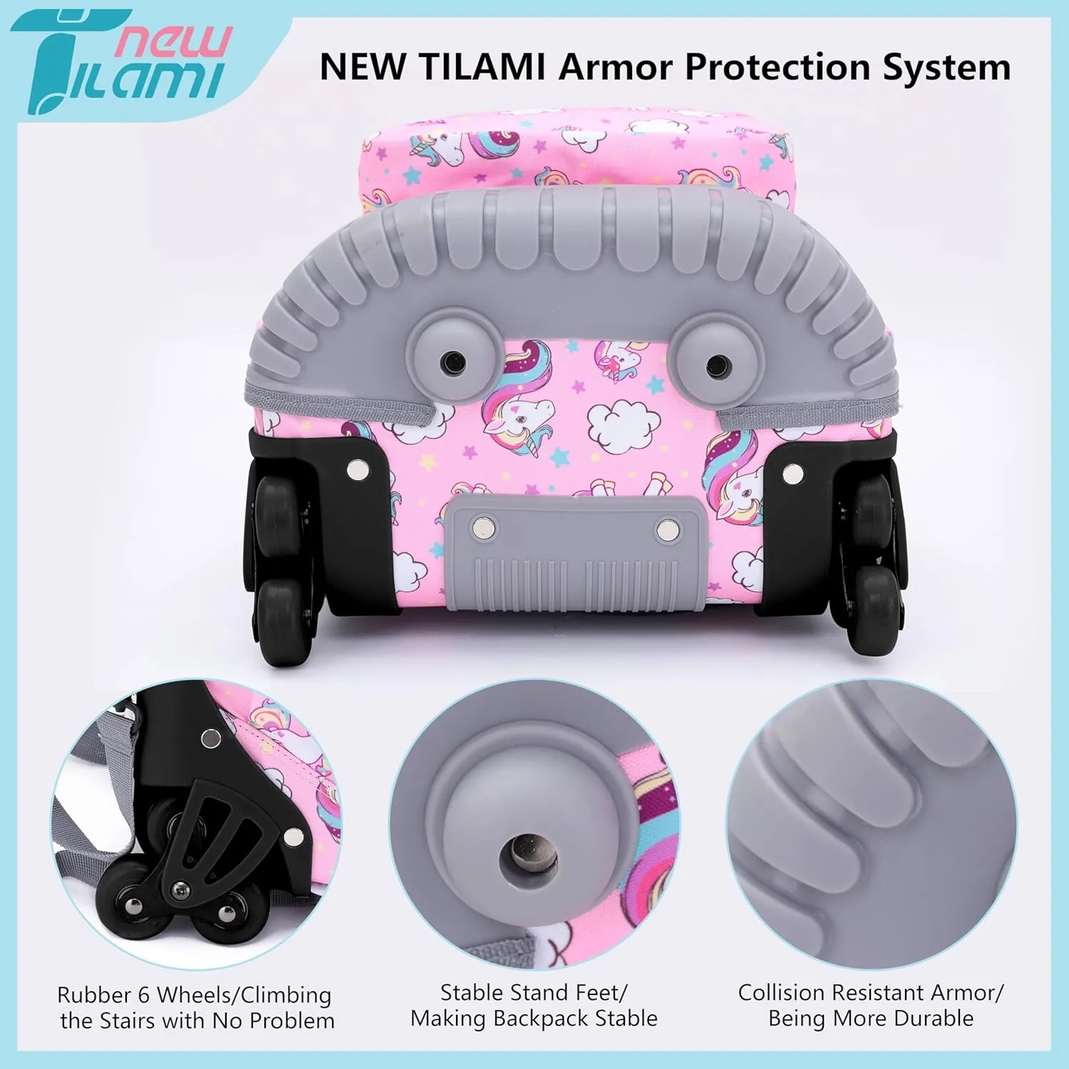 NEW TILAMI Unicorn Rolling Backpack for Kids, 18 Inches Adjustable Laptop Backpack with Wheels for Girls to School Travel Camping Boys Rolling Backpack