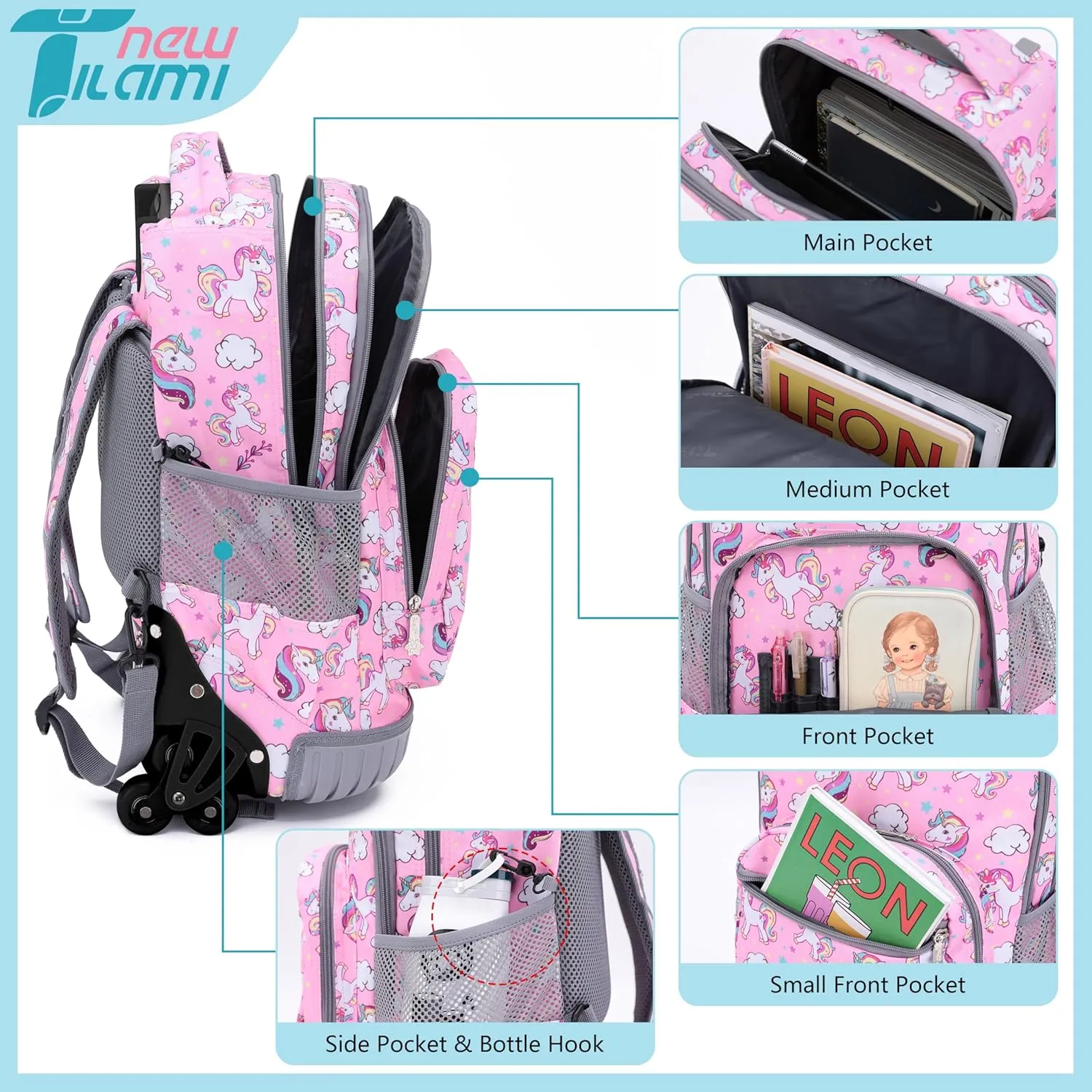 NEW TILAMI Unicorn Rolling Backpack for Kids, 18 Inches Adjustable Laptop Backpack with Wheels for Girls to School Travel Camping Boys Rolling Backpack