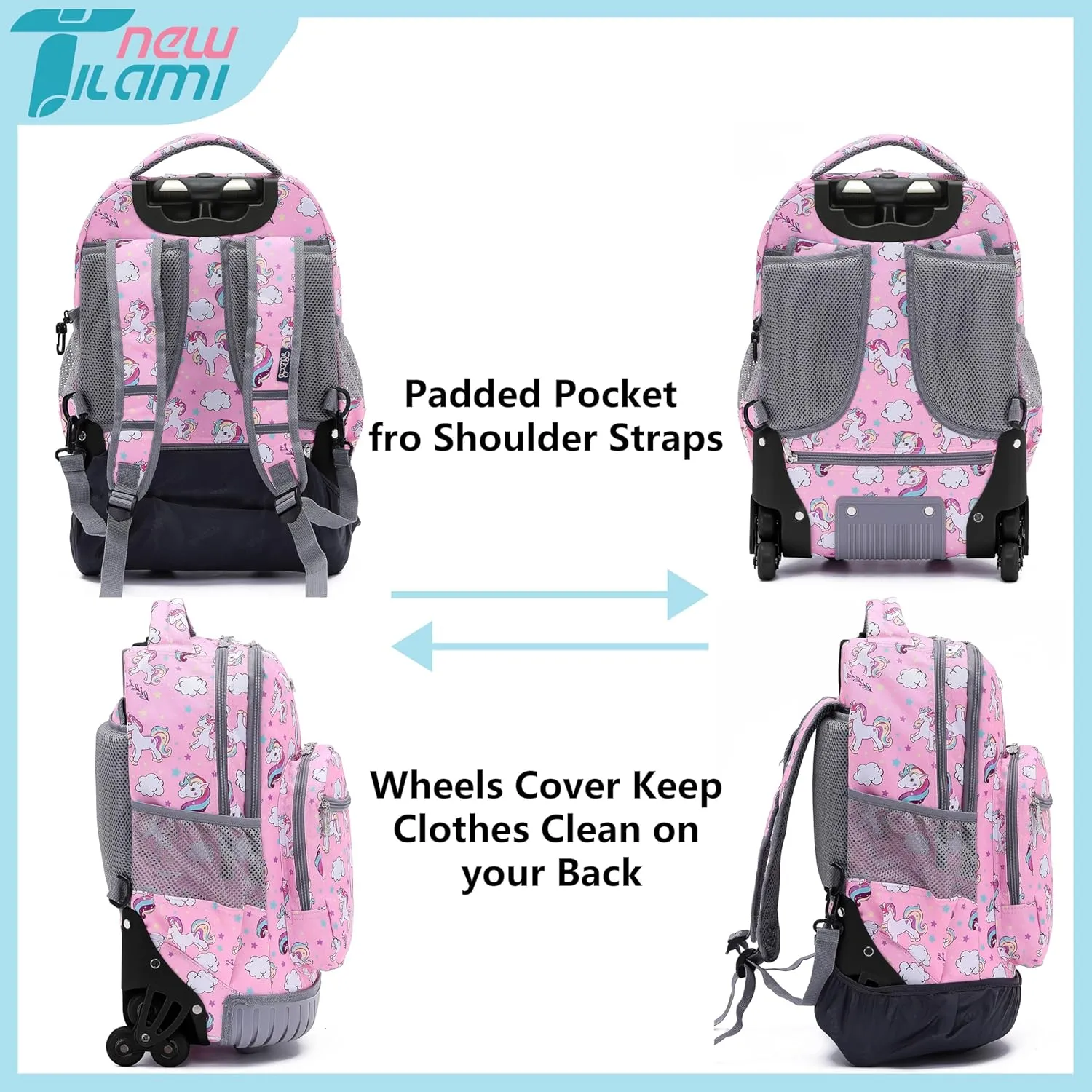 NEW TILAMI Unicorn Rolling Backpack for Kids, 18 Inches Adjustable Laptop Backpack with Wheels for Girls to School Travel Camping Boys Rolling Backpack