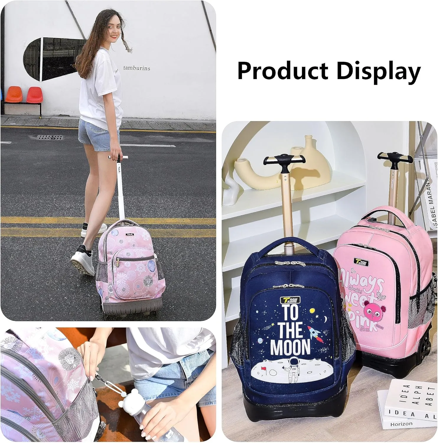 NEW TILAMI Unicorn Rolling Backpack for Kids, 18 Inches Adjustable Laptop Backpack with Wheels for Girls to School Travel Camping Boys Rolling Backpack