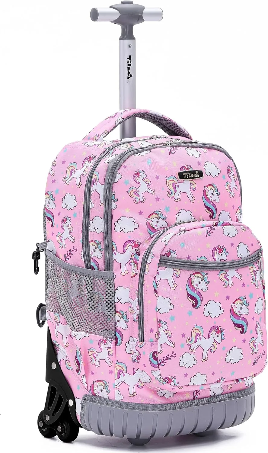 NEW TILAMI Unicorn Rolling Backpack for Kids, 18 Inches Adjustable Laptop Backpack with Wheels for Girls to School Travel Camping Boys Rolling Backpack