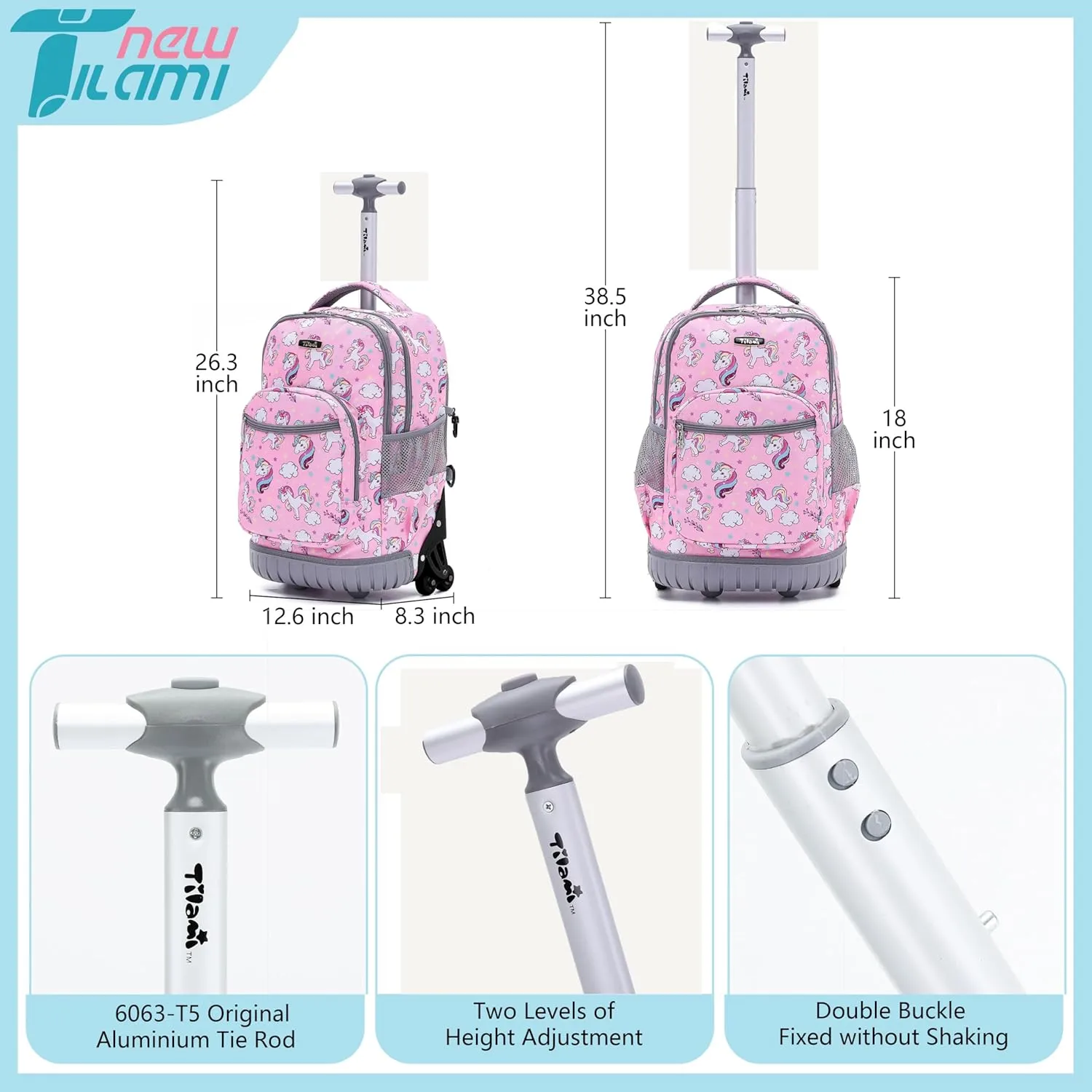NEW TILAMI Unicorn Rolling Backpack for Kids, 18 Inches Adjustable Laptop Backpack with Wheels for Girls to School Travel Camping Boys Rolling Backpack