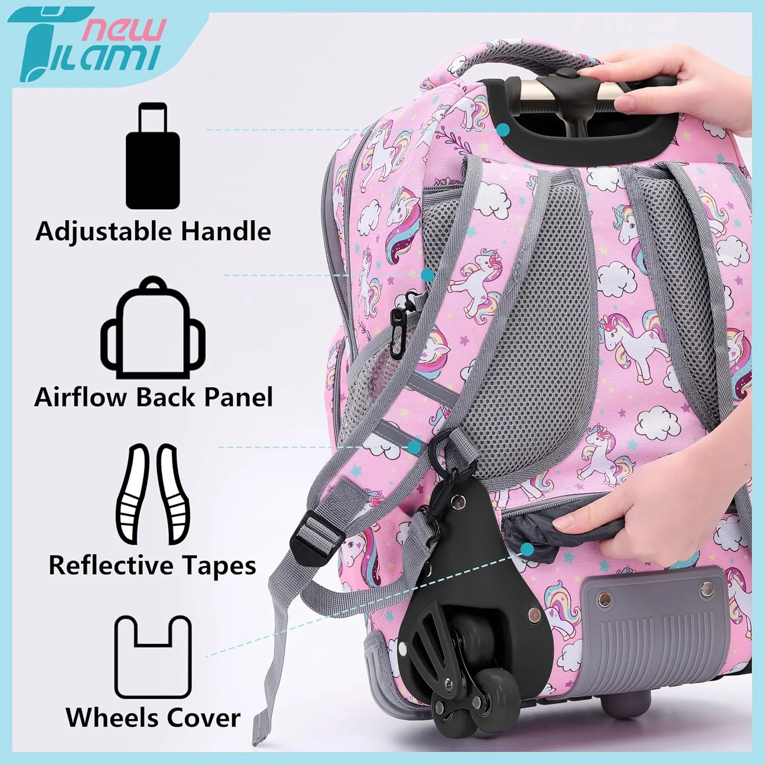 NEW TILAMI Unicorn Rolling Backpack for Kids, 18 Inches Adjustable Laptop Backpack with Wheels for Girls to School Travel Camping Boys Rolling Backpack