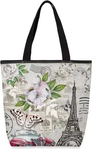 Newspaper Car Pylon Butterfly Canvas Tote Bag with Zipper and Pockets Canvas Tote Shopping Bag Women Reusable Grocery Bag for Beach Travel Gym Shopping