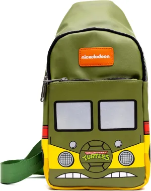 Nickelodeon Vegan Leather Crossbody Sling Bag, Teenage Mutant Ninja Turtles Party Van Close Up, Olive Green, 7" x 14"