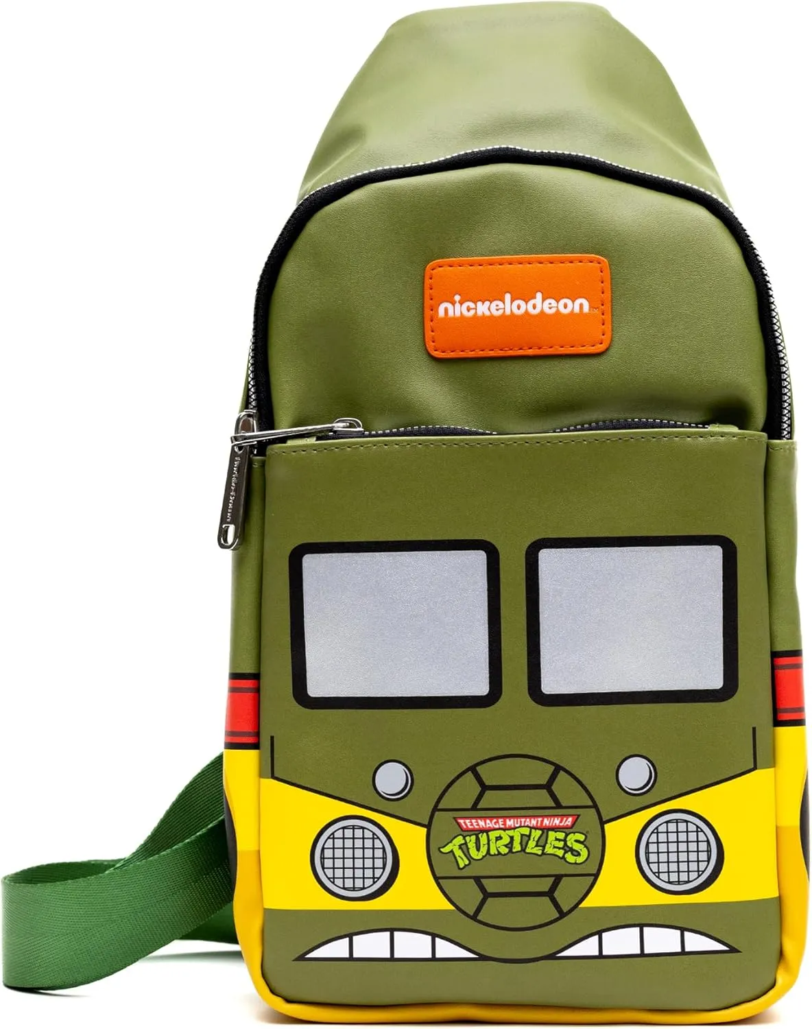 Nickelodeon Vegan Leather Crossbody Sling Bag, Teenage Mutant Ninja Turtles Party Van Close Up, Olive Green, 7" x 14"