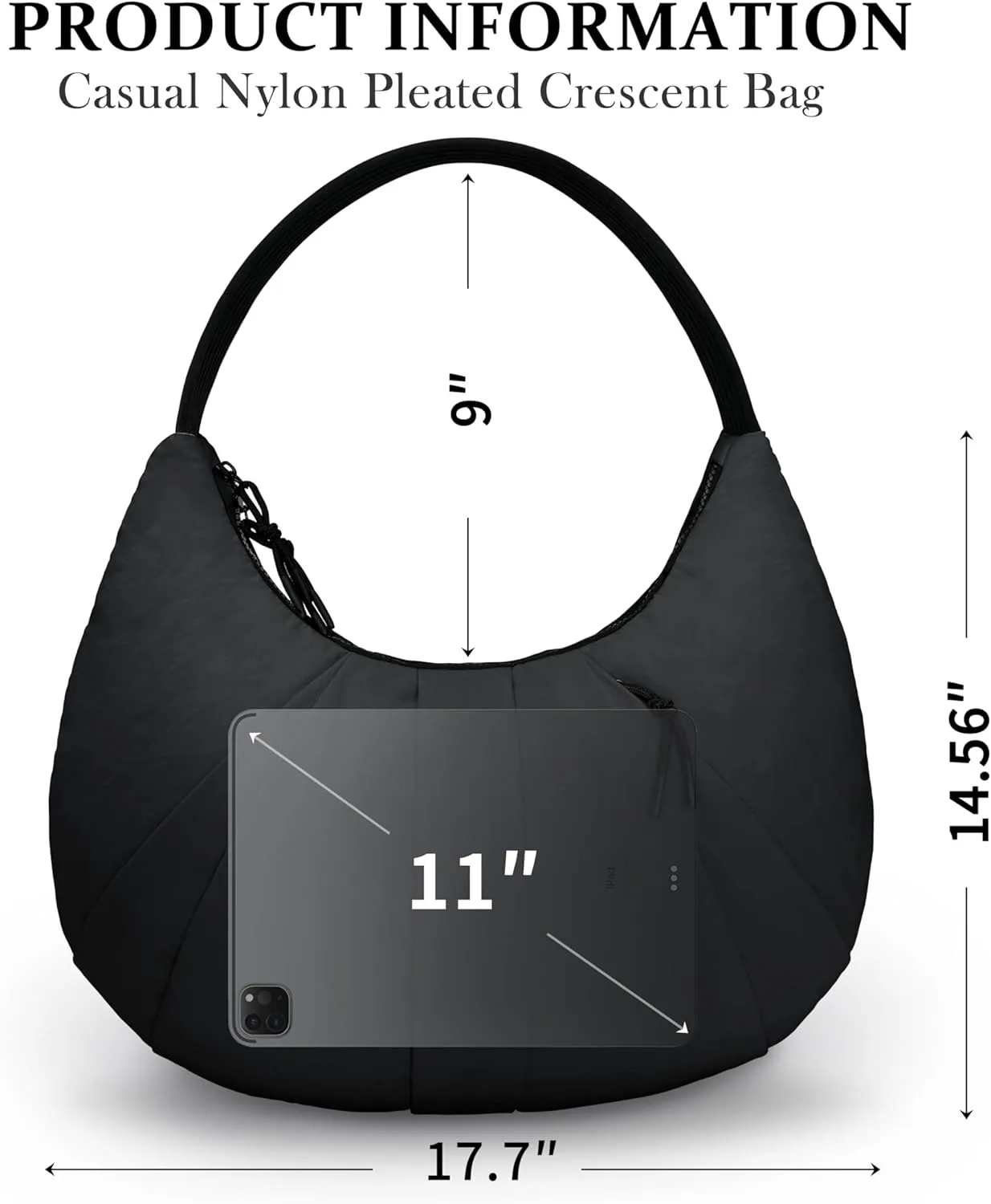 Nylon Crescent Bag Pleated Shoulder Bag, Double Zipper Inside Pocket Large Capacity Casual Waterproof Sling Bag for Women