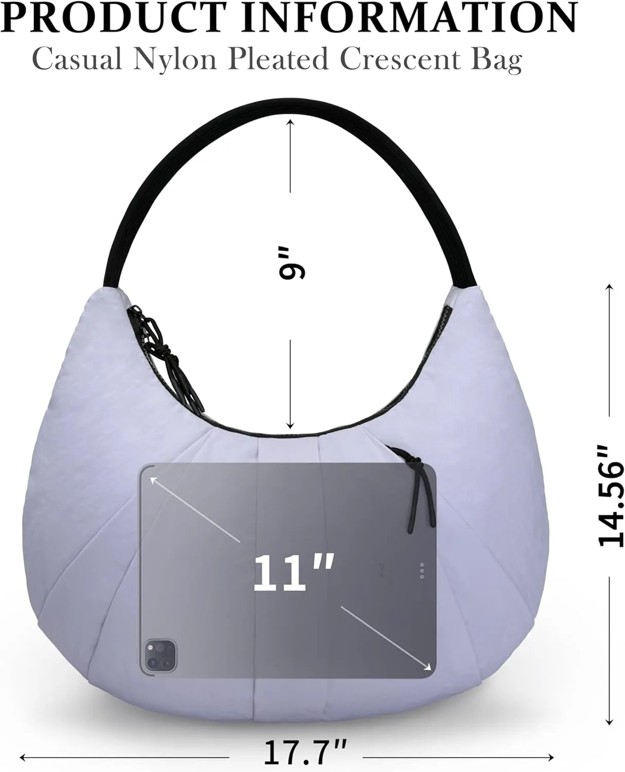 Nylon Crescent Bag Pleated Shoulder Bag, Double Zipper Inside Pocket Large Capacity Casual Waterproof Sling Bag for Women