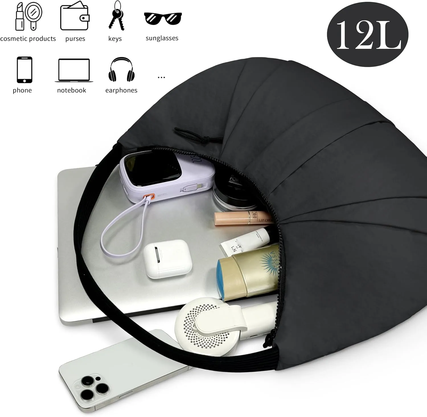 Nylon Crescent Bag Pleated Shoulder Bag, Double Zipper Inside Pocket Large Capacity Casual Waterproof Sling Bag for Women
