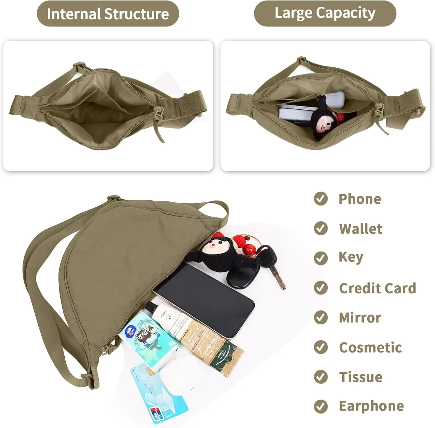 Nylon Crescent Crossbody Bag for Women Purses Trendy Men,Small Travel Sling Bag Hobo