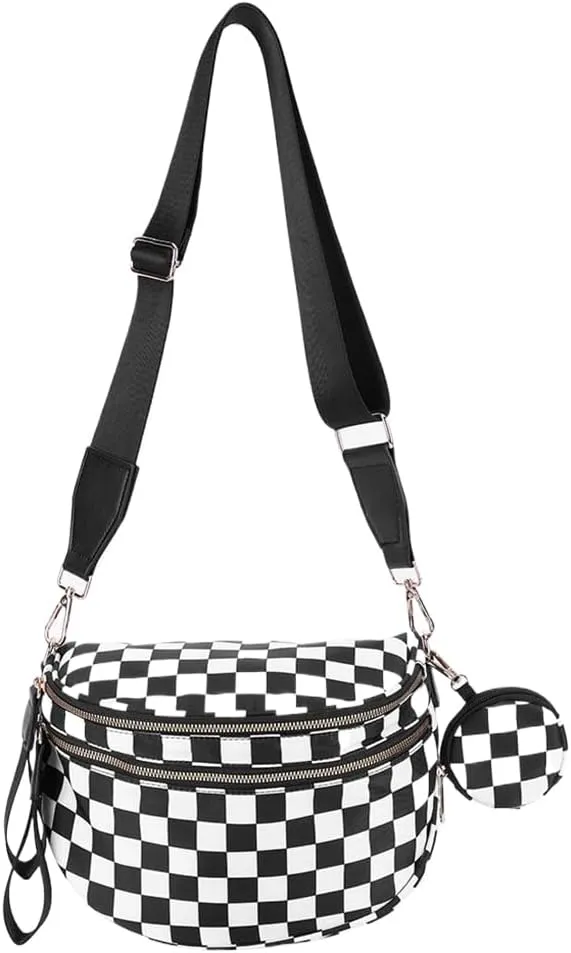 Nylon Crossbody Bum Bag for Women - Spacious Checkered Sling Bag with Adjustable Strap, Trendy Hands-Free Purse & Wallet Hold