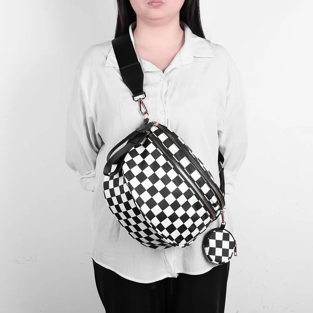Nylon Crossbody Bum Bag for Women - Spacious Checkered Sling Bag with Adjustable Strap, Trendy Hands-Free Purse & Wallet Hold
