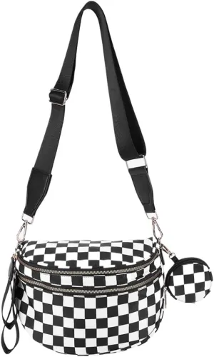 Nylon Crossbody Bum Bag for Women - Spacious Checkered Sling Bag with Adjustable Strap, Trendy Hands-Free Purse & Wallet Hold