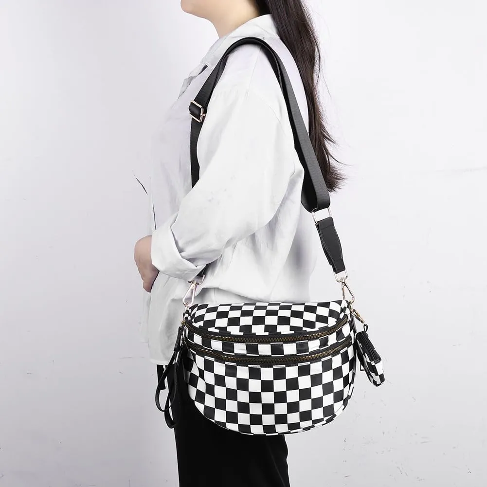 Nylon Crossbody Bum Bag for Women - Spacious Checkered Sling Bag with Adjustable Strap, Trendy Hands-Free Purse & Wallet Hold