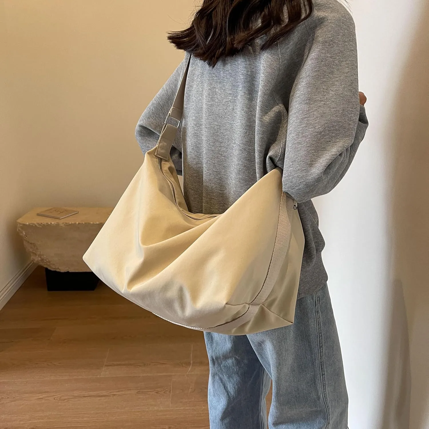 Nylon Hobo Bag Large Crossbody Tote Bag for Women and Men, Lightweight Shoulder Handbag with Zipper for Travel Work Gym