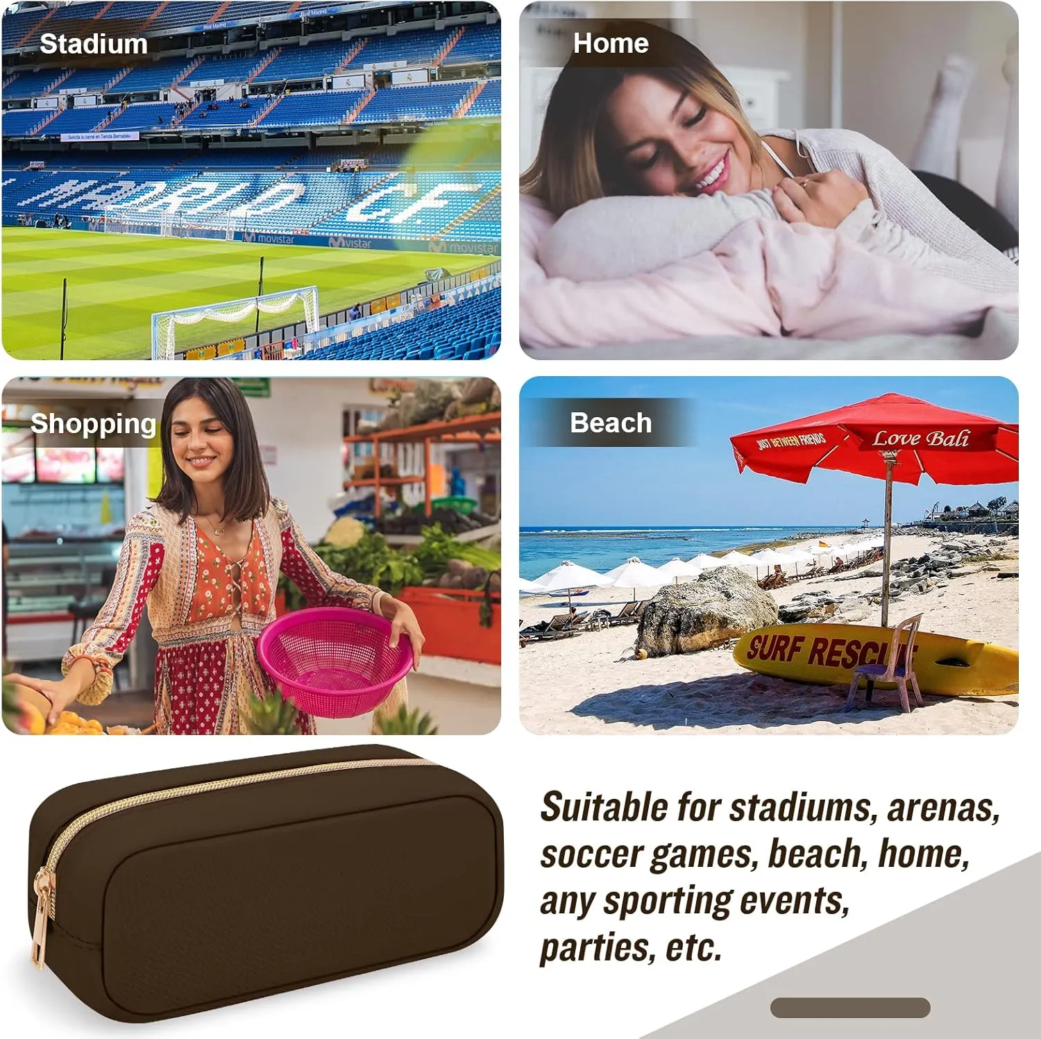 Nylon Slim Makeup Bag, Compact Cosmetic Pouch, Waterproof Zipper Purse for Travel, Storage for Women, Girls, Teens (Brown)