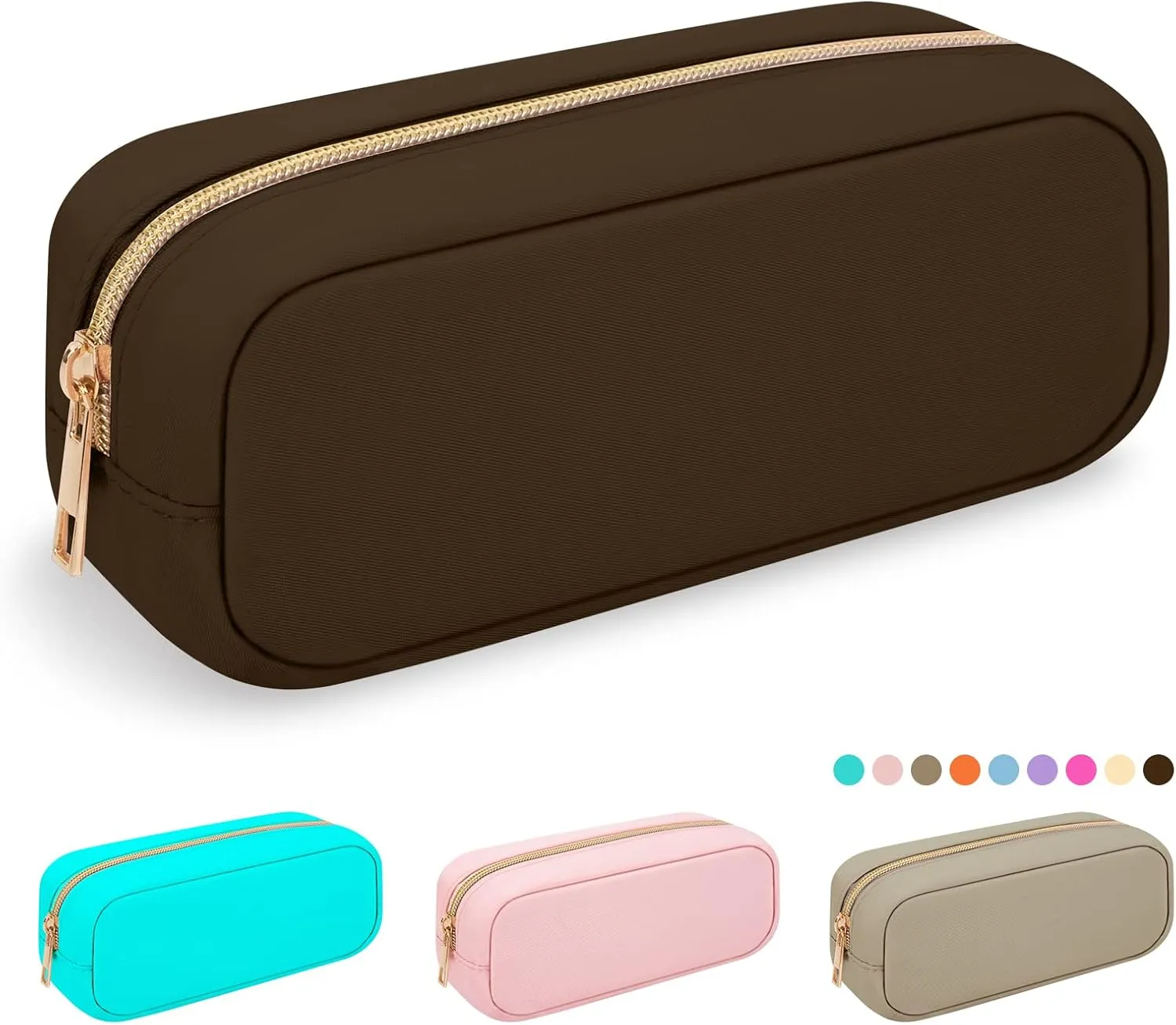 Nylon Slim Makeup Bag, Compact Cosmetic Pouch, Waterproof Zipper Purse for Travel, Storage for Women, Girls, Teens (Brown)