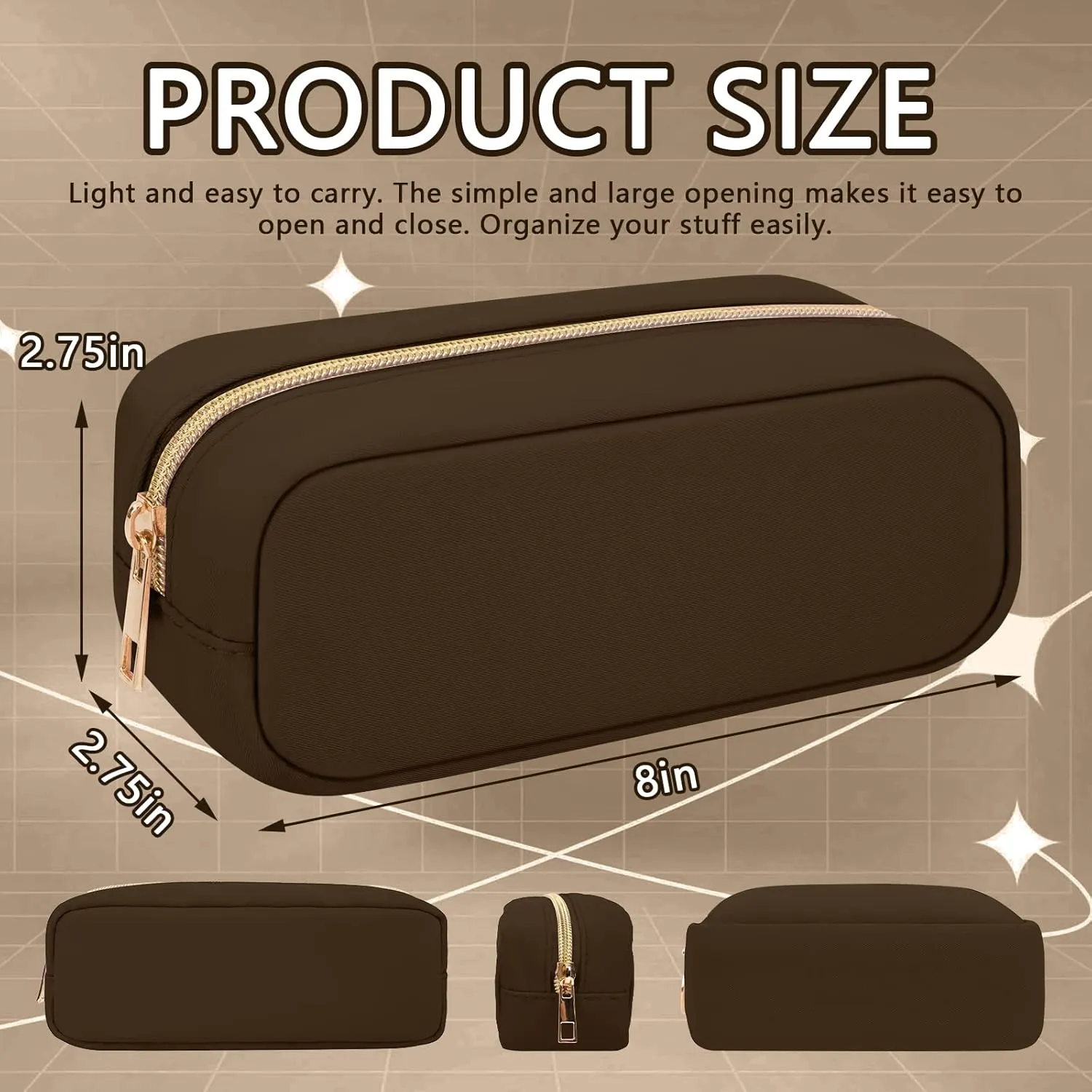 Nylon Slim Makeup Bag, Compact Cosmetic Pouch, Waterproof Zipper Purse for Travel, Storage for Women, Girls, Teens (Brown)