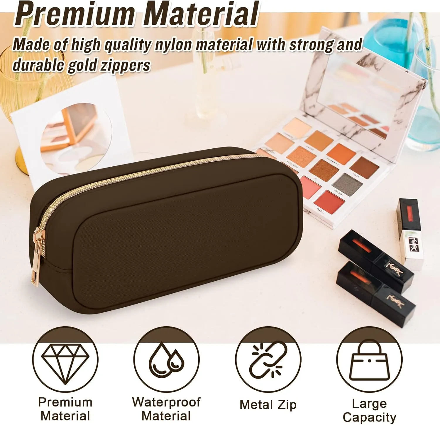 Nylon Slim Makeup Bag, Compact Cosmetic Pouch, Waterproof Zipper Purse for Travel, Storage for Women, Girls, Teens (Brown)